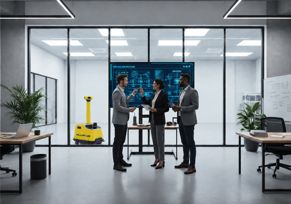 Technology partners planning a robotics deployment in a Blurobi lab