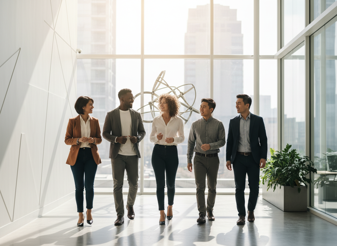Blurobi team members walking together through a bright office