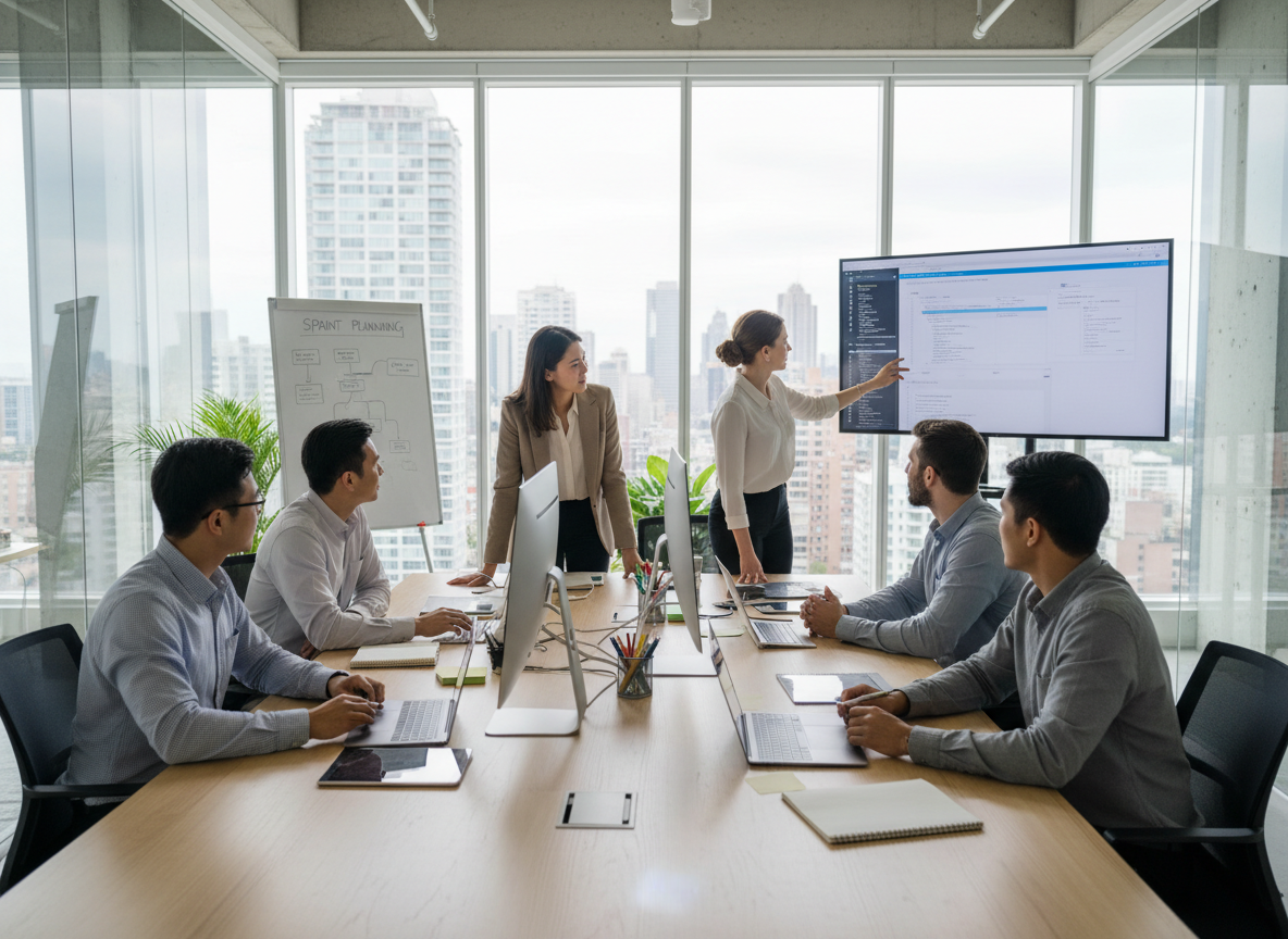 Blurobi team reviewing an AI deployment plan in a meeting room